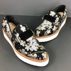 Zara Women Floral Shoe Loafer  Bit Platform Black Floral Fabric Print Sz US 8.5